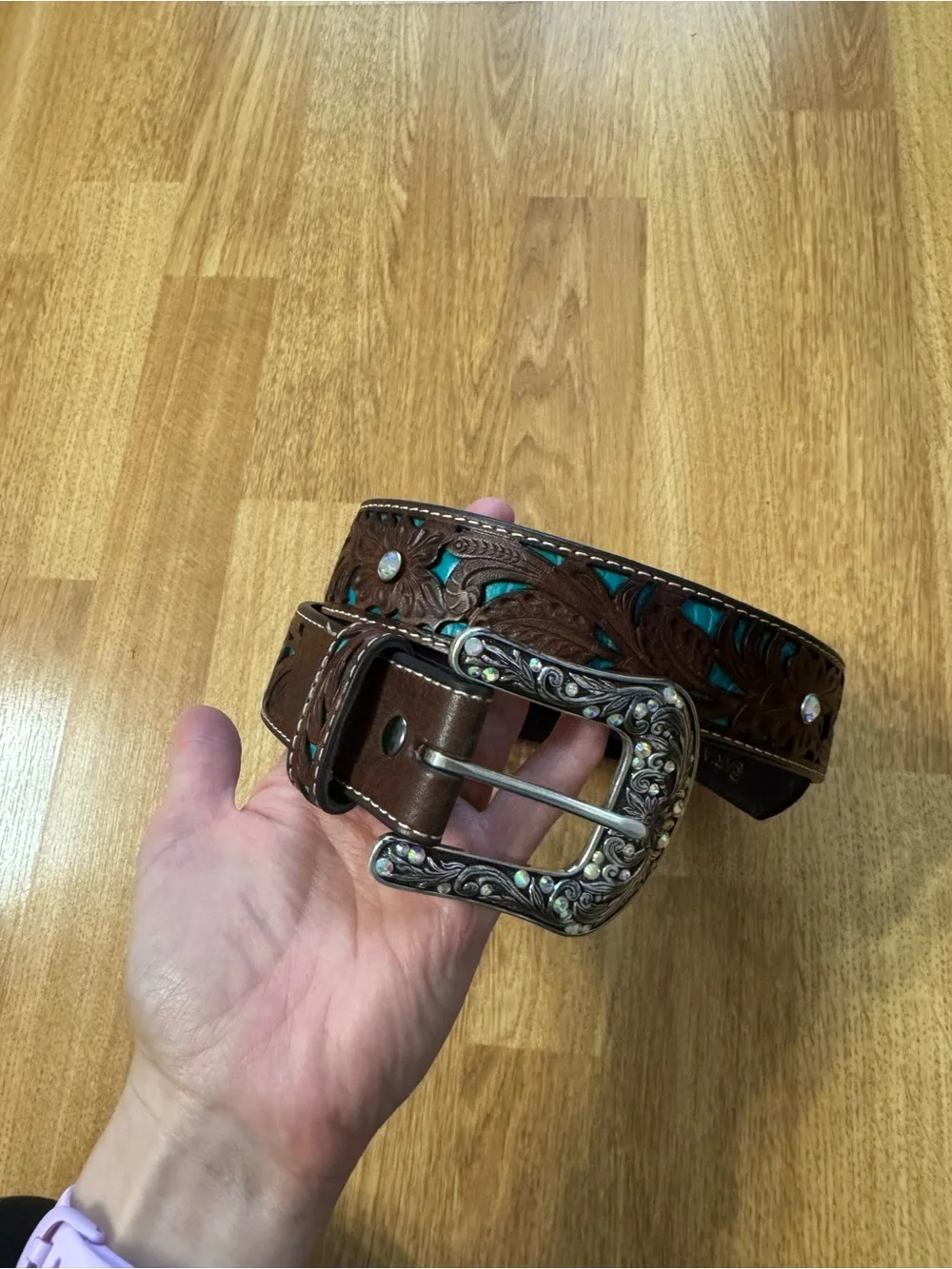 ARIAT Belt Women S Floral Tooled W/Turquoise Inlay Genuine Leather